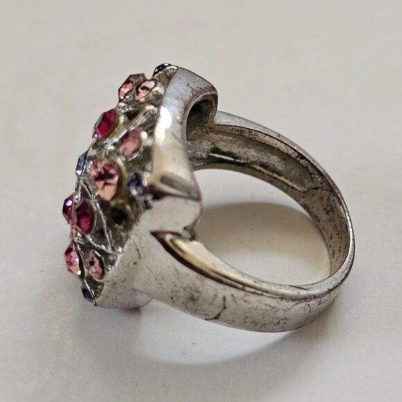 Vintage Silver-Tone Fashion Ring With Pink & Purple Rhinestones Square Cluster D - Picture 4 of 6